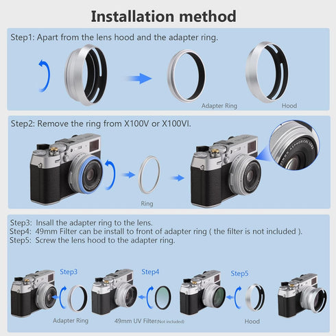 Haoge LH-X53W 3in1 Lens Hood with Adapter Ring and Cap Set for Fujifilm x100vi, X70, X100 Series Cameras