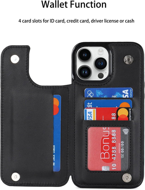for iPhone 13 Pro Max Wallet Case with Card Holder, 360° Rotation Ring Kickstand Card Slots Case, Leather Protective Case with Double Magnetic Clasp for iPhone 13 Pro Max 6.7" Black