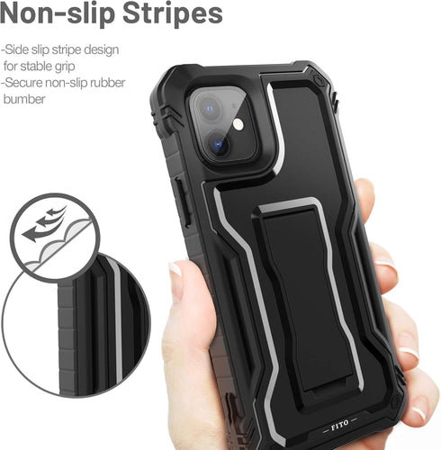 FITO Dual Layer Shockproof Case for iPhone 11 and iPhone XR, with Screen Protector and Built-in Kickstand (Black)