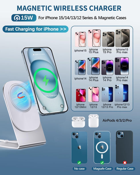 Magnetic Wireless Charger, Mag-Safe Charger for iPhone 15/14/13/12 Series, Convertible Magnet Wireless Charging