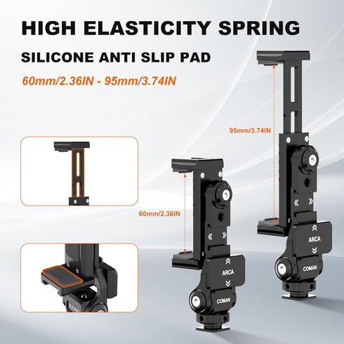 Metal Phone Tripod Mount - Holder Stand with 3 Cold Shoes & Arca Port, Universal Smartphone Mount Adapter, 360° Rotates
