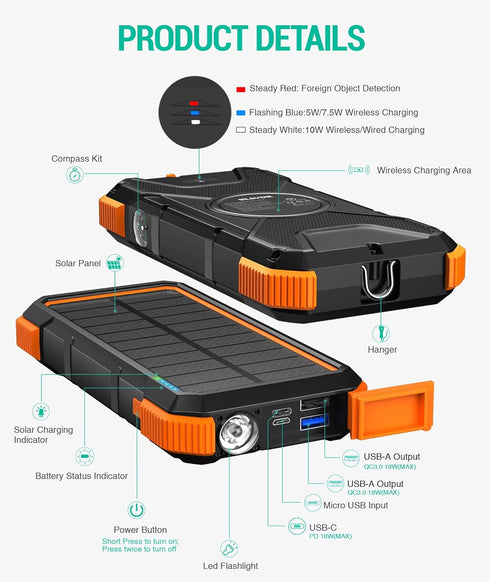 BLAVOR Solar Power Bank, PD18W QC3.0 Fast Charging, 20000mAh, IPX5 Waterproof, Camping Flashlight