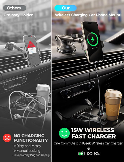 CHGeek Wireless Car Charger with Phone Holder Mount, 15W Fast Charging for Car Accessories
