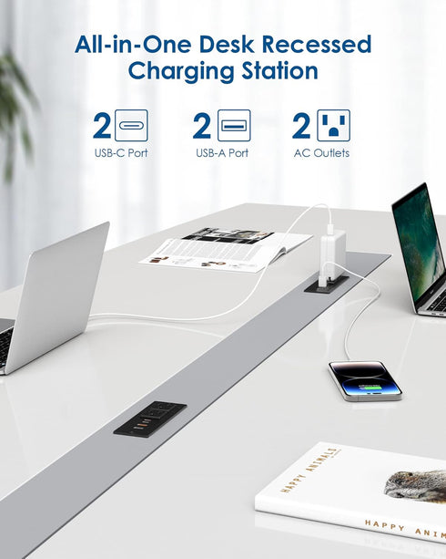 Recessed Power Strip with 30W USB C, Ultra Thin Flat Plug, 2 Outlets, 4 USB Ports, 6ft Cord (Black)