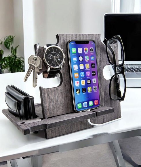 Greta Oto Wood Phone Docking Station for Men | Nightstand Bedside Desk Organizer | Best Personalized Idea for Father's