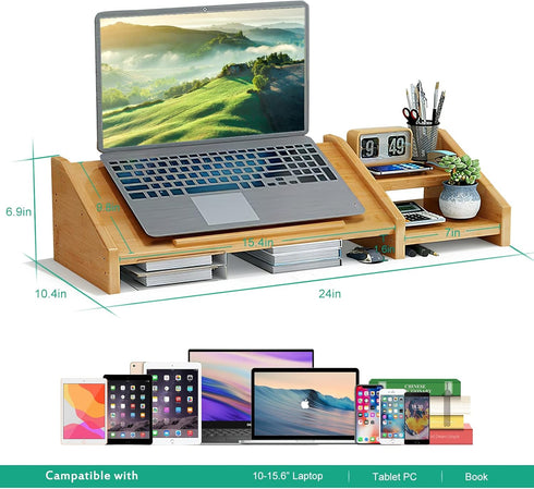 Ufine Bamboo Laptop Stand for Desk, Adjustable 3 Heights Notebook Stand with 2 Tier Storage Shelf, Home Office Organizer