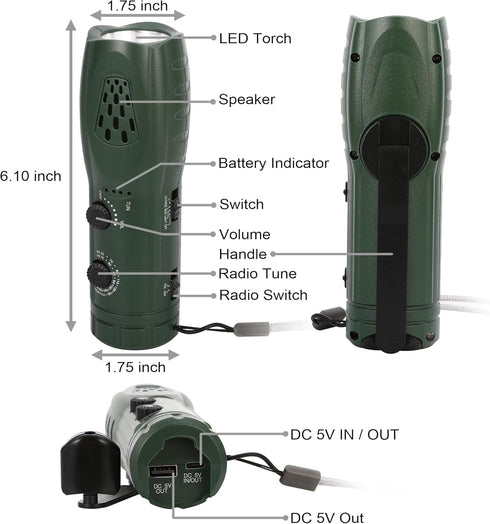 Hand Crank Flashlight with Emergency Radio, Portable USB Charging LED Torch for Camping and Hiking