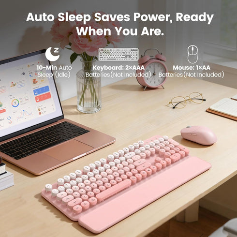 SABLUTE 2-Stage 2.4GHz Wireless Keyboard and Mouse Combo, Magnetic Soft-Touch Wrist Rest, Round Keycaps, Full-Size