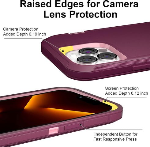Full Body Heavy Duty Military Grade Case for iPhone 13 Pro Max 6.7" with 2 Screen Protectors, Wine Red Pink