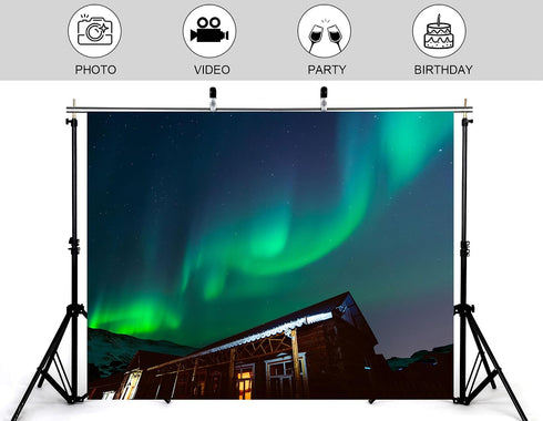 KeyWork 9x9ft Green Northern Lights Cabin Backdrop Arctic Night Sky Scene Photography Background for Winter Event Home