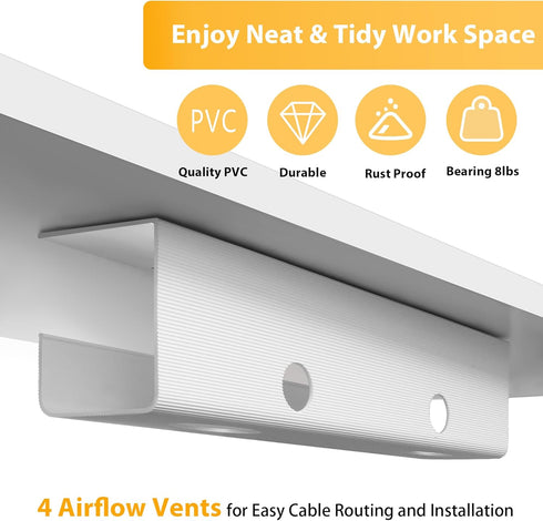 Large Capacity Cable Management Tray 2 Pack, Under Desk Cable Tray (2xL15.7in), PVC Cord Management Ideas, Desk Cable