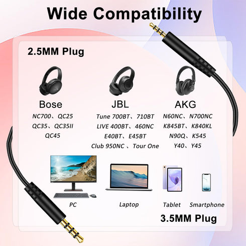 Replacement Headphone Audio Cable for Bose Headphone, 2.5mm Male to 3.5mm Male Headset Aux Cord Compatible with Bose QC25 QC35 QC35II QC45 NC700 with in-line Mic and Volume Control