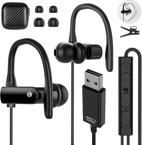 USB Headset with Microphone for PC, 8.2Ft Cord, Wired Earbud Over Ear with Hook, Stereo Noise Cancelling for Laptop