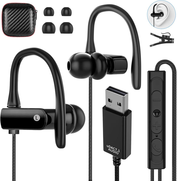 USB Headset with Microphone for PC, 8.2Ft Cord, Wired Earbud Over Ear with Hook, Stereo Noise Cancelling for Laptop