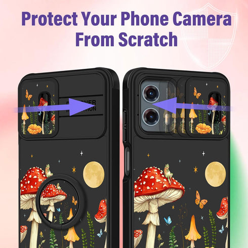 2in1 Cute Girls Phone Cover for Motorola Moto G 5G 2023, Unique Mushroom Design with Camera Cover and Ring Stand