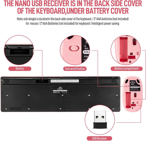 Wireless Keyboard and Mouse Combo - Full Size Compact Quiet Set 2.4G Ultra-Thin Design for Windows, PC, Laptop, Pink.