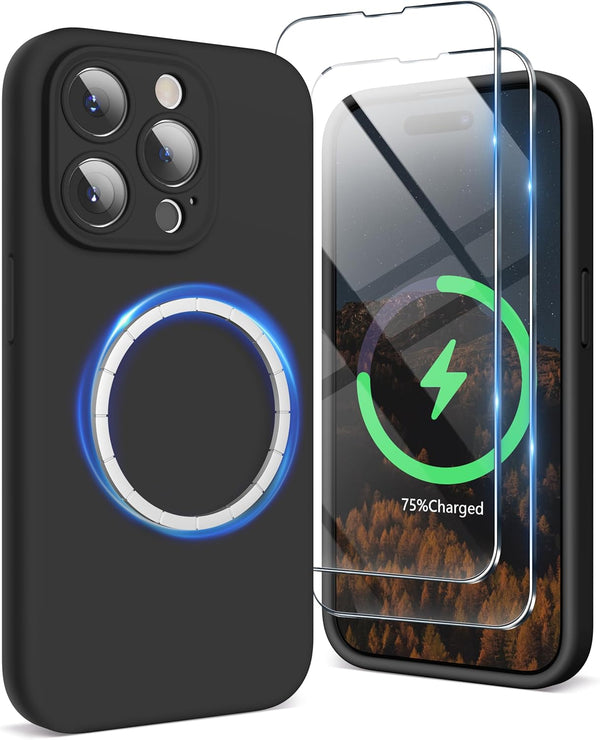 SURPHY iPhone 15 Pro Case (6.1", 2023) - Black Liquid Silicone, MagSafe Compatible + 2 Pack Screen Protectors.