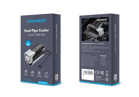 GRAUGEAR M.2 2280 SSD Heatsink, Dual Copper Heat Pipes, 25mm Cooling Fan with PWM Control, Aluminum Plate-Fin Design,