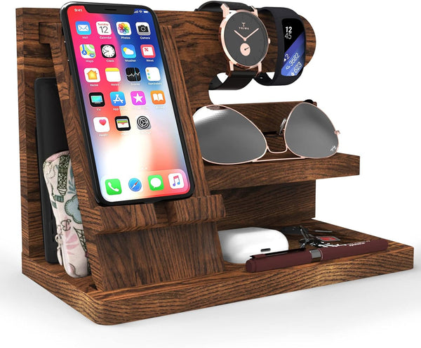 Wooden Phone Docking Station Organizer for Dad Birthday Gifts, Nightstand Organizer, Desk Organizer Wood Gifts for Men