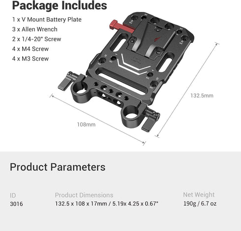 SmallRig Battery Plate with V-Lock Mount and Dual 15mm Rod Clamp for Camera Power Supply - 3016