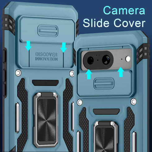 DEERLAMN for Google Pixel 8 Case with Slide Camera Cover+Screen Protector (1 Pack), Rotated Ring Kickstand Military Grade Shockproof Heavy Duty Protective Cover -Light Blue