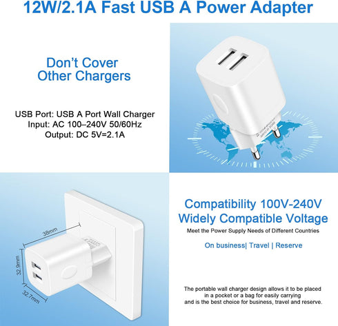 European Travel Plug Adapter Charger for iPhone, Samsung, Android Phone, International Power Adaptor with USB