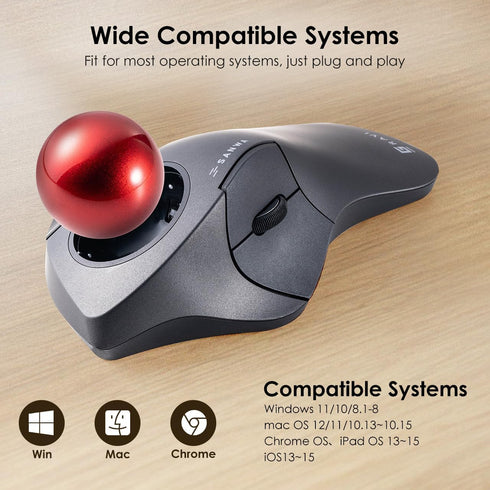SANWA Bluetooth 5.1 Wireless Ergonomic Trackball Mouse, Finger Control Roller Ball, 3 Device Switch, Silent Programmable