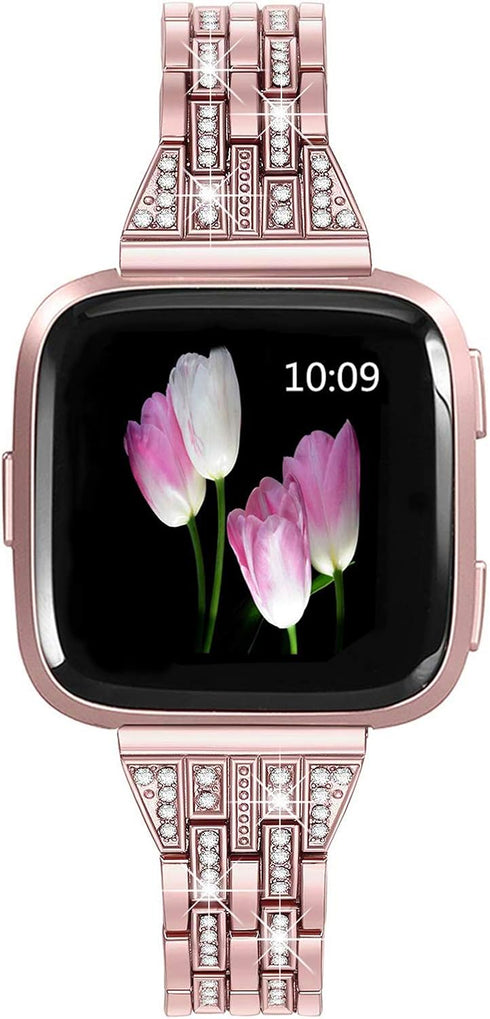 Bands Compatible with Fitbit Versa 2/Versa Lite/Versa, Women Replacement Metal Rhinestone Bracelet, Rose Gold