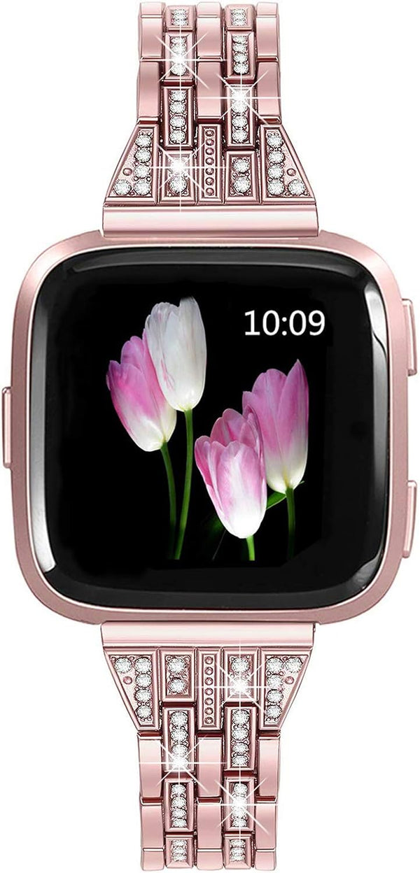 Bands Compatible with Fitbit Versa 2/Versa Lite/Versa, Women Replacement Metal Rhinestone Bracelet, Rose Gold