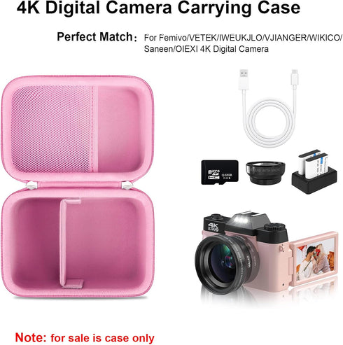 4K Digital Camera Carrying Case for Femivo/VETEK/IWEUKJLO/VJIANGER/WIKICO/Saneen/OIEXI 4K 48MP Vlogging Camera, Travel Compact Camera Storage Cover Bag Organizer Holder, Pink