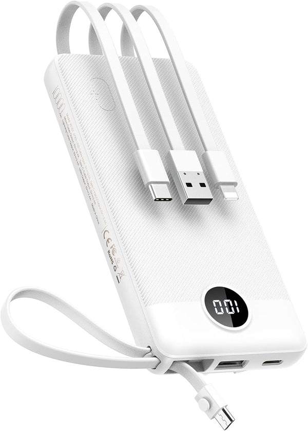 VEEKTOMX Portable Charger with Built-in Cables, 10000mAh Power Bank for iPhone, Slim Fast Charge USB C Battery Pack,