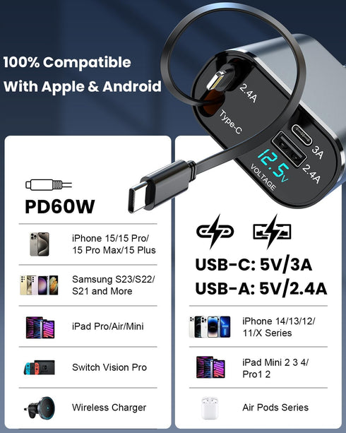 4 in 1 Retractable Car Charger, 60W Fast Phone Charger with Cord, Compatible with iPhone 15/14/13/12/11 Pro Max