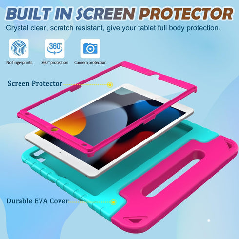 LTROP Kids Case for iPad 9th/8th/7th Generation - Turquoise and Rose Handle Stand Case for 10.2 iPad