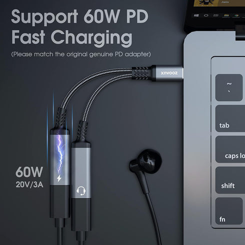 ZOOAUX USB C Splitter, 2-in-1 Type C Audio Dongle Cable with PD 60W Fast Charging, Dual USB C Headphone and Charger