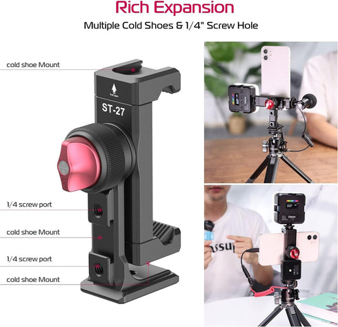 Metal Phone Tripod Mount with 3 Cold Shoes & Arca Port, 360° Smartphone Tripod Adapter for iPhone Samsung Cell Phone