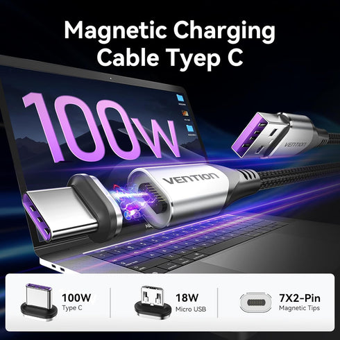 100W Magnetic Charging Cable Type C, 90 Magnetic USB C Charging Cable 3.3ft/Magnetic Phone Charger Cable/Magnetic Charger for Android/Data Transfer Cable for Type C, Micro USB, Nylon-Braided Cords