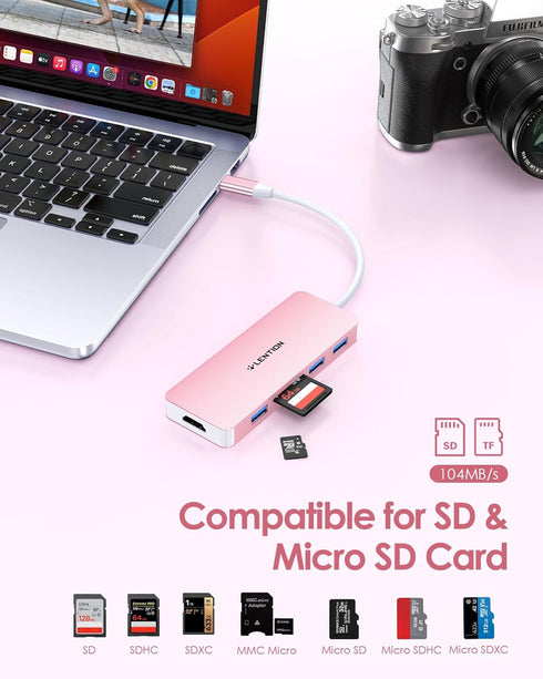 LENTION USB C Hub with 4K HDMI, 3 USB 3.0, SD/Micro SD Reader, Compatible with 2016-2023 MacBook Pro, Air
