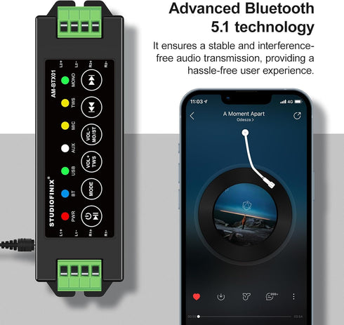 STUODIOFINIX 4-Channel Mini Bluetooth Amplifier 120w for Passive Speakers, TWS, AUX, MIC, USB,