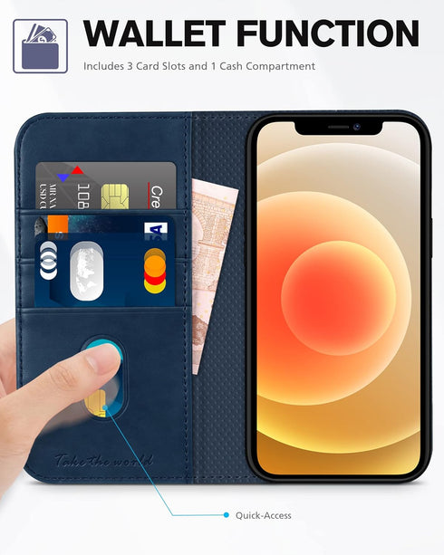 TUCCH Wallet Case for iPhone 12 Pro/iPhone 12 5G, PU Leather Folio with Kickstand, Card Slot, Dark Blue