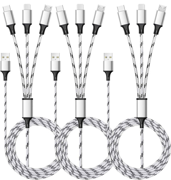 Multi Charging Cable, 5ft 3Pack Nylon Braided 3 in 1 Charging Cord Adapter with Type-C, Micro USB Connectors