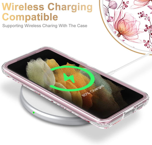 Esdot Light Pink Flowers Case for Samsung Galaxy S21 Ultra, Military Grade Rugged Cover for Women Girls