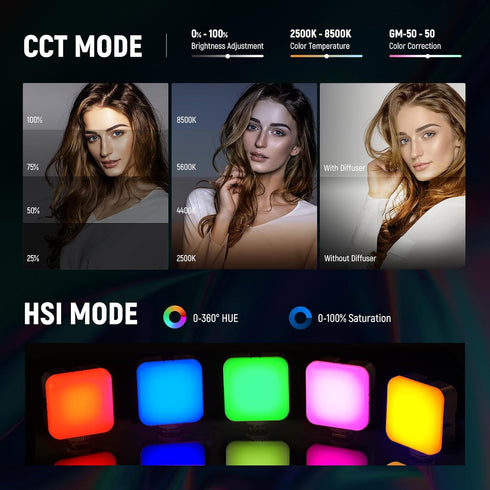 NEEWER RGB62 Magnetic RGB Video Light - Upgraded APP Control, 360° Full Color LED Camera Light with 3 Cold Shoes