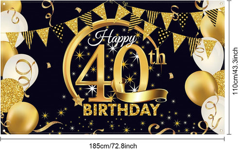 Blulu 40th Birthday Party Decoration, Extra Large Black Gold Fabric Sign Poster for Photo Booth Background