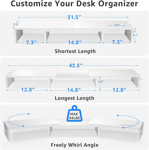 Dual Monitor Stand Riser for 2 Monitors, Adjustable Wooden Desktop Organizer Stand with Smartphone Holder, White