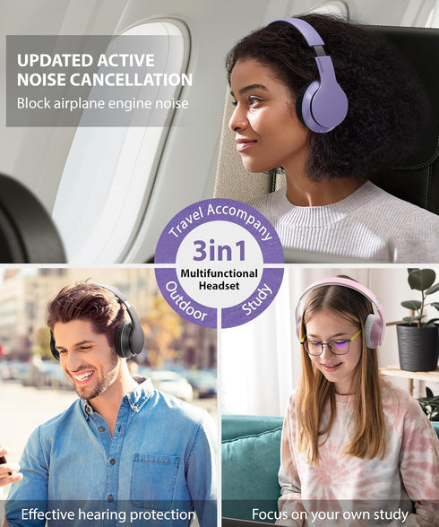 rockpapa E7 Over Ear Wireless Bluetooth Headphones with Mic, Foldable Wired/Wireless Headphones for Kids, Purple Black