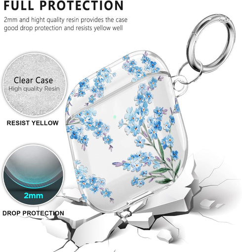 Protective Clear Floral Case Cover with Cleaner Kit, Shockproof Women Girls Keychain for Apple Airpods 2/1 Charging Case
