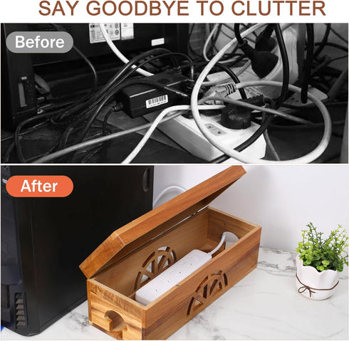 Large Solid Wooden Cable Management Box, Cord Organizer for Extension Cord, Power Stripe, Wire Management Concealer