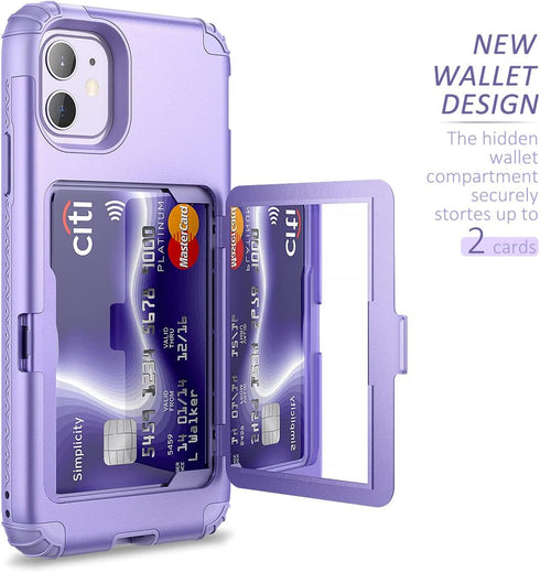 WeLoveCase iPhone 11 Wallet Case, Light Purple Defender Credit Card Holder with Hidden Mirror & Heavy Duty Protection