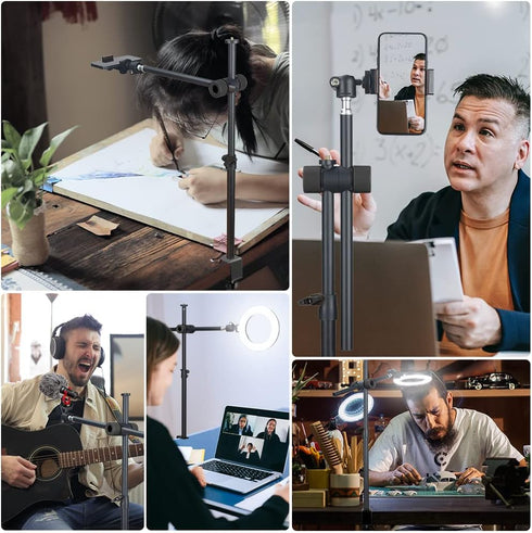 Overhead Camera Mount Desk Stand with 360° Adjustable Holding Arm, Flexible Phone Stand with Ballhead and Phone Mount