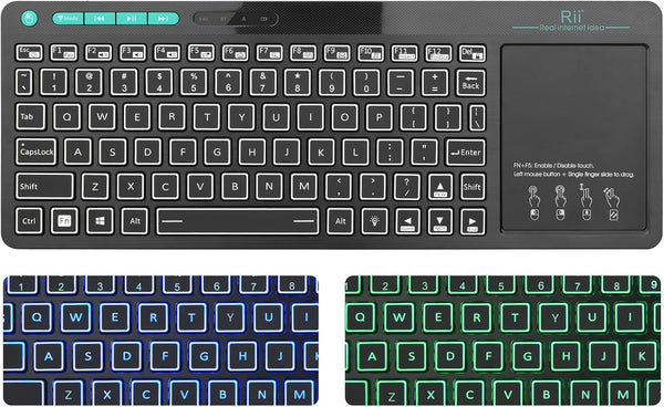 Rii RT518S Wireless and Bluetooth (Dual Mode) 2-LED Color Backlit Multimedia Keyboard with Multi-Touch Big Size